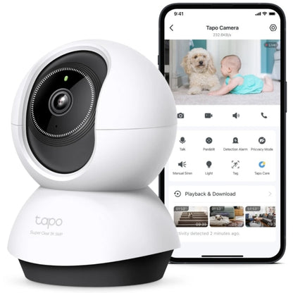 Camera de supraveghere smart / inteligenta Tapo, 5 MP, 3K, Pan/Tilt, interior, microfon, difuzor, alb, difuzor, detectare miscare, detectare forma umana, microfon, vizibilitate pe noapte, Zoom, AI