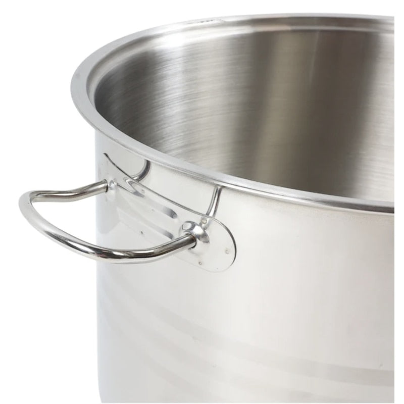 Oala inox, cu capac, baza 5 straturi, 17.5 L, D 32 cm, in interior finisaj satinat, in exterior finisaj lucios cu 3 linii satinate, maner inox, plita electrica, gaz, halogen, inductie, vitroceramica