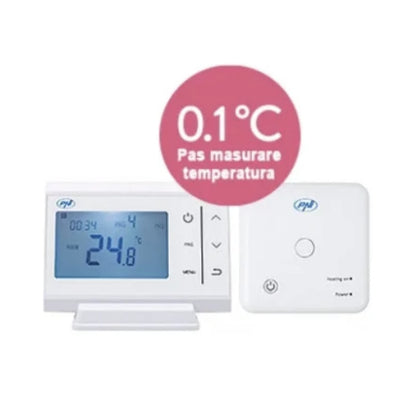 Termostat de ambient pentru centrala, wireless, fara fir, PNI, programabil, afisaj digital, protectie inghet, programare pe zile, IP30, alb, acuratete 0.1 grade, 2 x AAA, de la 5 - 35 grade