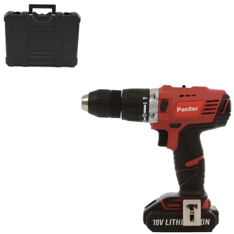 Masina de gaurit si insurubat, cu percutie, cu 1 acumulator, 18V, 1.5Ah, Panzer, 1500 rpm, mandrina rapida, cu valiza, mandarina 2-13mm, functionare stanga dreapta, incarcator rapid, 6 burghie, biti