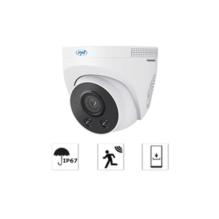 Camera de supraveghere PNI, 8MP, Ultra HD, 4K, alb, IP67, interior si exterior, 240 g, Vedere nocturna de 30 m, Ethernet RJ45 10 100 Mbps, consum 4W, LED