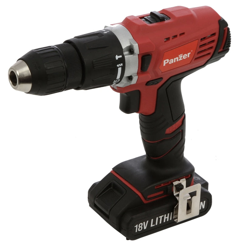 Masina de gaurit si insurubat, cu percutie, cu 1 acumulator, 18V, 1.5Ah, Panzer, 1500 rpm, mandrina rapida, cu valiza, mandarina 2-13mm, functionare stanga dreapta, incarcator rapid, 6 burghie, biti