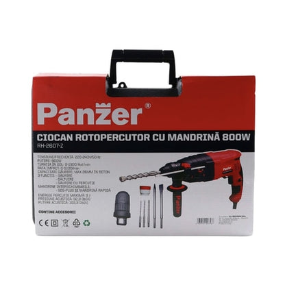 Ciocan rotopercutor Panzer, 800 W, cu cablu, 1300 rpm, SDS plus, cu valiza, mandrina rapida, 3 burghie, 1 dalta si 1 spit