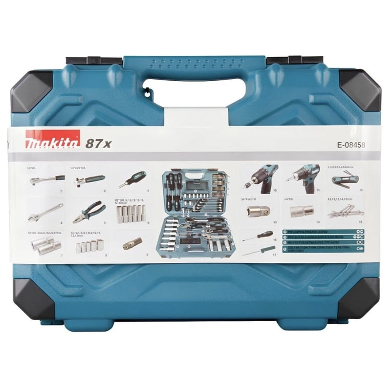 Set 87 scule, Makita, organizat în valiză plastic, 76 piese, din oțel crom-vanadiu, pentru lucrări uzuale