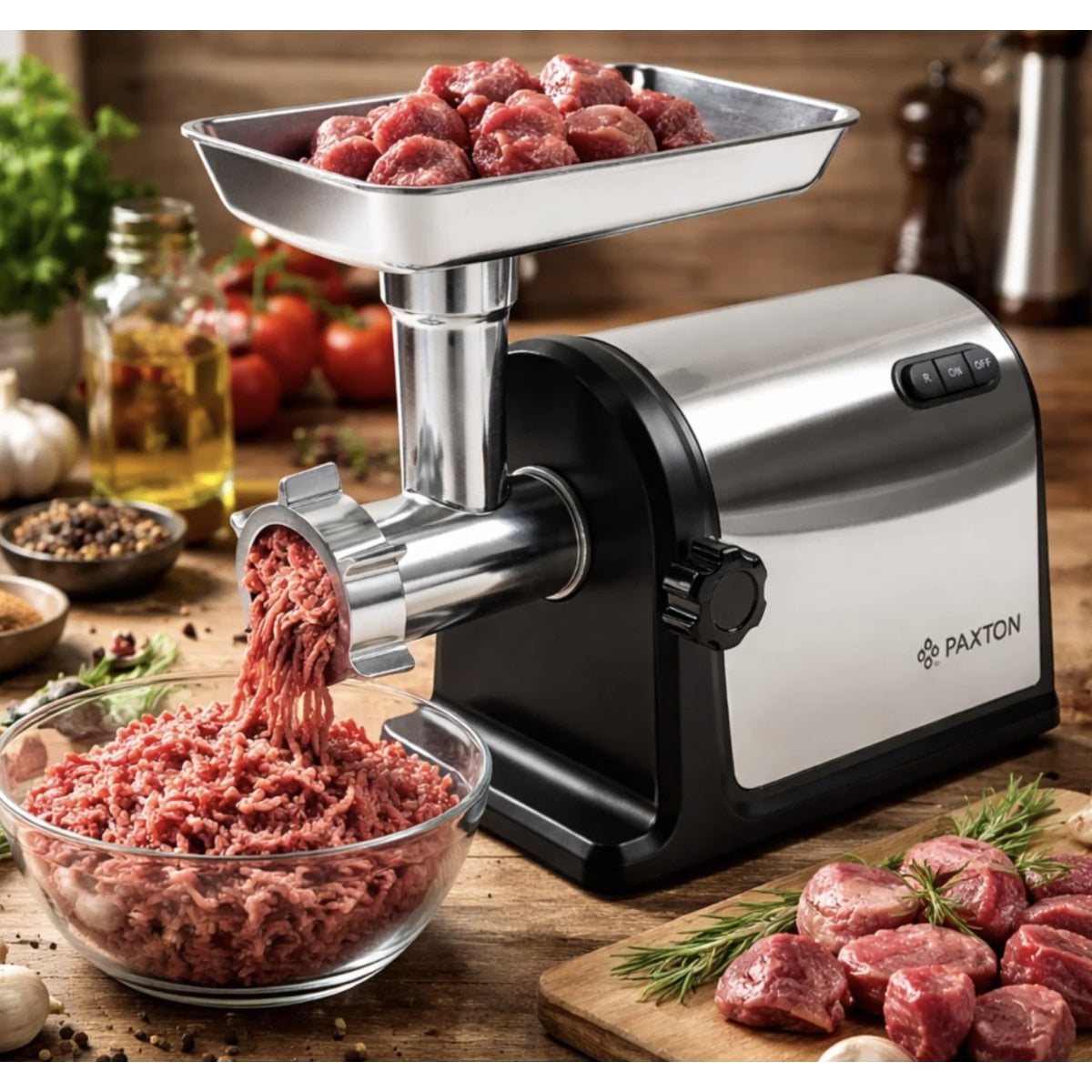 Masina de tocat carne electrica, Paxton, 1 viteza, functie Reverse, 2.8 kg/min, 3000 W, argintiu si negru, accesoriu carnati, accesoriu kibbe, accesoriu suc rosii, accesoriu piscoturi, 5.2 kg, 0.8 m