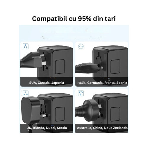 Incarcator de calatorie, universal, adaptor multifunctional cu 2 porturi, 1 priza, 1 USB, 1 USBC, international, SUA, UK, Europa, Australia, 150 tari, 100-250V, 2000W, negru