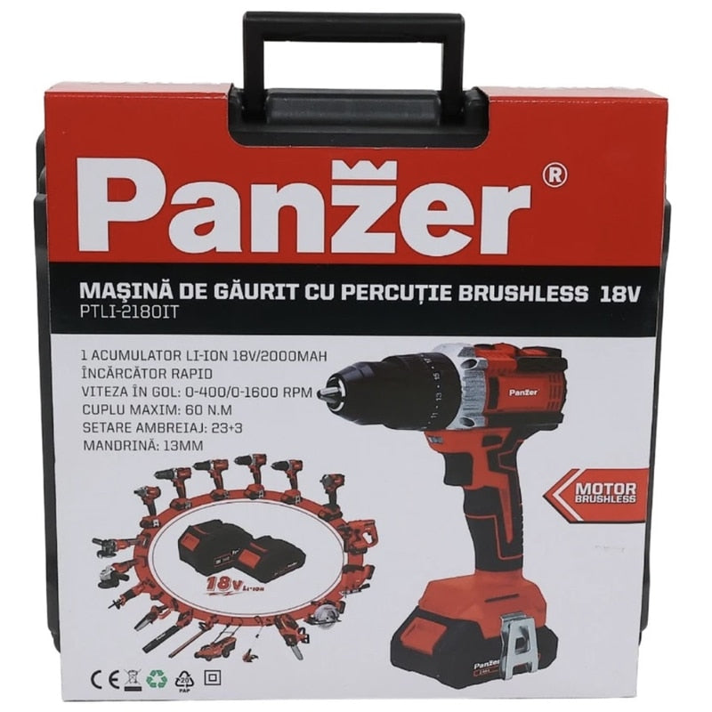 Masina de gaurit cu percutie, cu 1 acumulator 18 V, 2 Ah, Panzer, 1600 rpm, mandrina rapida, motor fara perii, cu valiza, 2 trepte de viteza, include 1 incarcator, 23 + 3 trepte ambreiaj