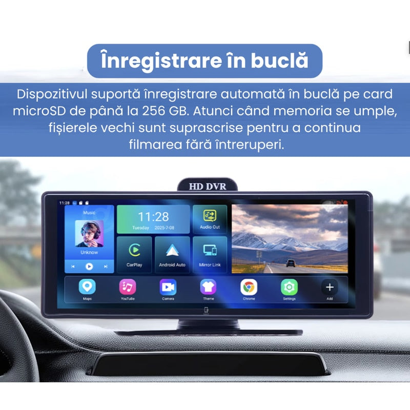 Multimedia player auto, ecran Carplay android, Apple, PNI, Bluetooth, slot card microSD, Aux in, ecran IPS tactil 10.26 inch, radio 87.5 - 108 FM transmitter, Miracast, AirPlay, camera spate, 700 g
