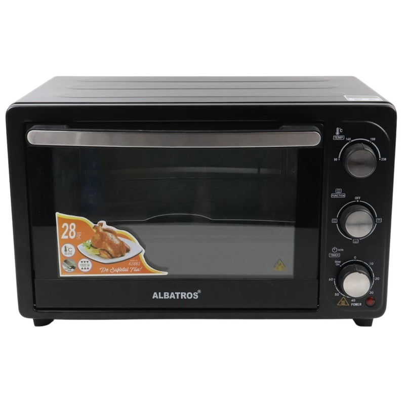 Cuptor electric Albatros, 28 litri, 1500 W, 4 programe, timer, functie Stay On, geam dublu, negru, model compact, 230 grade max, 6.2 kg, 230V, 31 x 48.5 x 37.5 cm, include gratar inox, tava