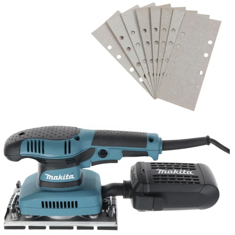 Slefuitor cu vibratii, Makita, 190 W cu 9 panze abrazive pentru metal, lemn, 1.6 kg, 72 dB, profesional, 230 V, 11000 vibratii pe minut, cu sac de colectarea prafului, maner cauciucat moale