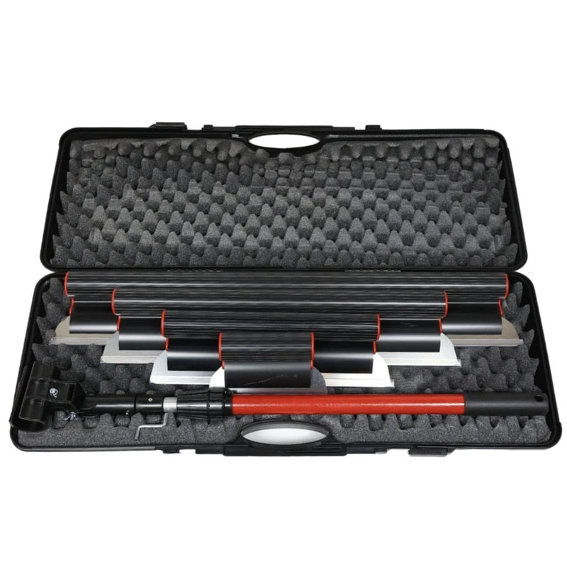 Gletiera Holzer, PVC, set 4 buc otel + maner adaptor PVC + maner telescopic 1.2 m + valiza, pentru finisarea tencuielii, netezirea precisa si uniforma a suprafetelor, fara zgarieturi si denivelari