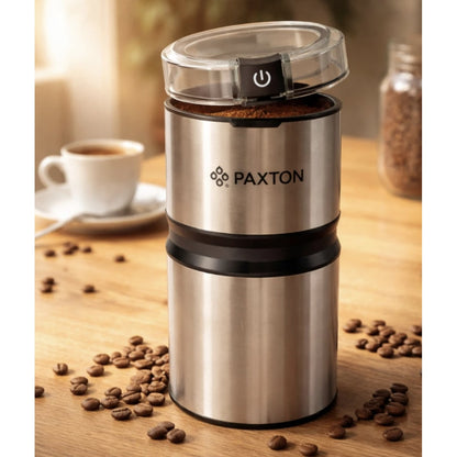 Rasnita cafea, Paxton, 150 W, 50 g, sistem depozitare cablu 0.8 metri, lame din inox, argintiu, 9.1 x 9.1 x 18.3 cm, 0.7 kg, 230V, 68 dB, clasa protectie 2, buton ON OFF