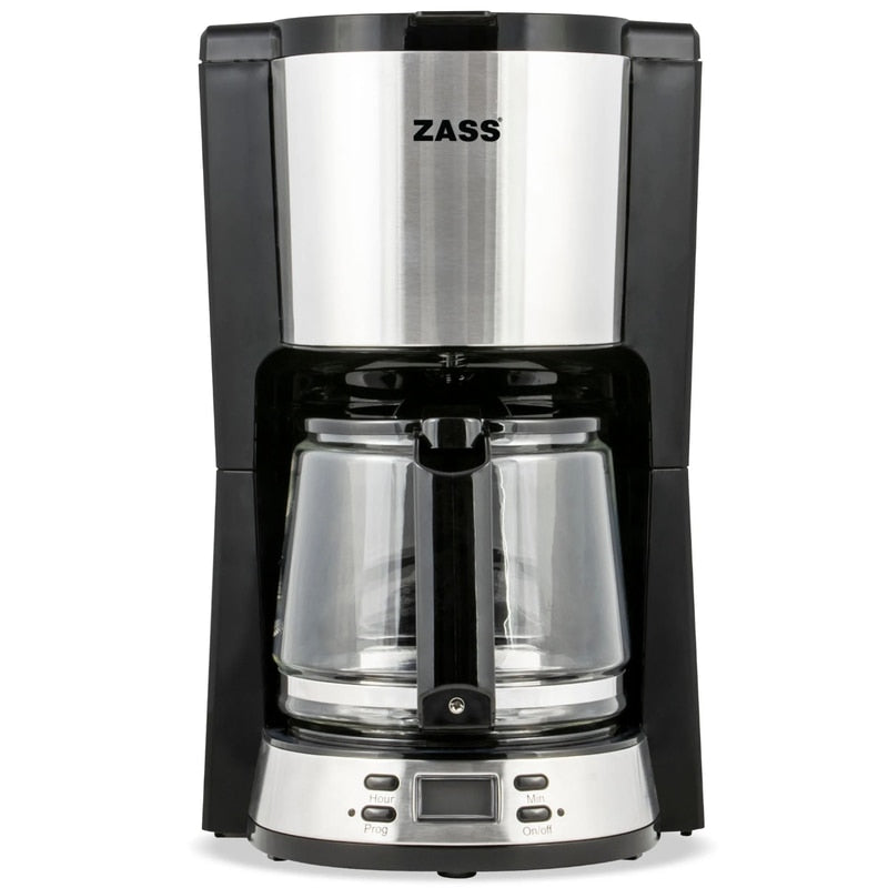 Cafetiera Zass, 1000 W, 1500 ml, capacitate 12 cesti, functie antipicurare, functie de mentinere la cald, oprire automata, programare intarziata, negru + argintiu, cablu 0.8 m, 2.57 kg, 230 V