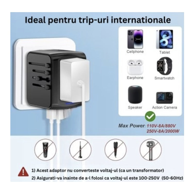 Incarcator de calatorie, universal, adaptor multifunctional cu 2 porturi, 1 priza, 1 USB, 1 USBC, international, SUA, UK, Europa, Australia, 150 tari, 100-250V, 2000W, negru