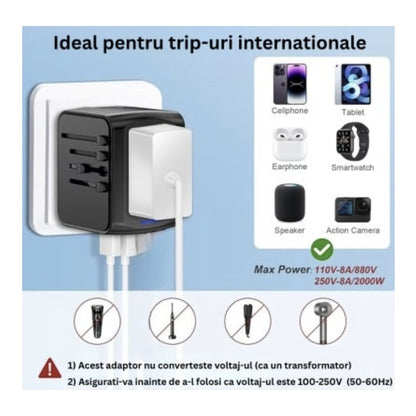 Incarcator de calatorie, universal, adaptor multifunctional cu 2 porturi, 1 priza, 1 USB, 1 USBC, international, SUA, UK, Europa, Australia, 150 tari, 100-250V, 2000W, negru