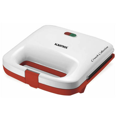 Sandwich maker, Albatros, 750 W, alb + rosu, placi neaderente tip grill, maner termorezistent, indicator luminos incalzire, 217 x 121 mm grill, 1 kg, carcasa plastic termoizolant