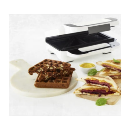 Sandwich maker, Tefal, 850 W, alb + argintiu, placi antiaderente tip triunghi + vafe, indicator luminos, maner termorezistent, dimensiune placi de lucru 26.8 x 13.7 cm, 3.37 kg, 220 V, maner rece