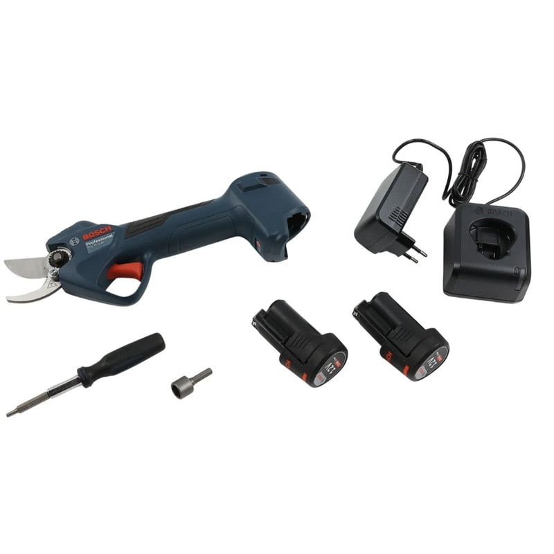 Foarfeca de gradina, pentru taiat crengi pomi fructiferi, vie, Bosch Professional, lama otel, motor fara perii, cu 2 acumulatori 3 Ah, incarcator, 25 mm grosime crengi maxima, 30.2 x 5.5 x 9.9 cm