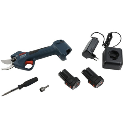 Foarfeca de gradina, pentru taiat crengi pomi fructiferi, vie, Bosch Professional, lama otel, motor fara perii, cu 2 acumulatori 3 Ah, incarcator, 25 mm grosime crengi maxima, 30.2 x 5.5 x 9.9 cm