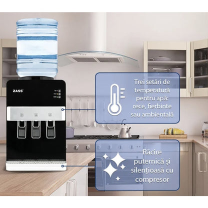 Dozator de apa Zass, putere incalzire 550 W, putere racire 50 W, indicatoare LED pentru apa calda si rece, termostat automat, negru, bidon superior 11 / 19 l, silentios, simplu, tava colectare apa