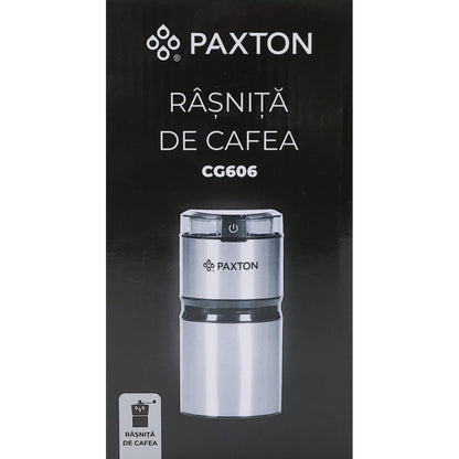 Rasnita cafea, Paxton, 150 W, 50 g, sistem depozitare cablu 0.8 metri, lame din inox, argintiu, 9.1 x 9.1 x 18.3 cm, 0.7 kg, 230V, 68 dB, clasa protectie 2, buton ON OFF