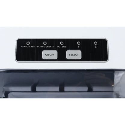 Aparat de facut gheata, Paxton, 100 W, capacitate 1.3 l, capacitate productie cuburi 10.5 kg/24 h, 9 cuburi in 6 min, selectare dimensiune cuburi, indicator lipsa apa, functie de autocuratare, alb