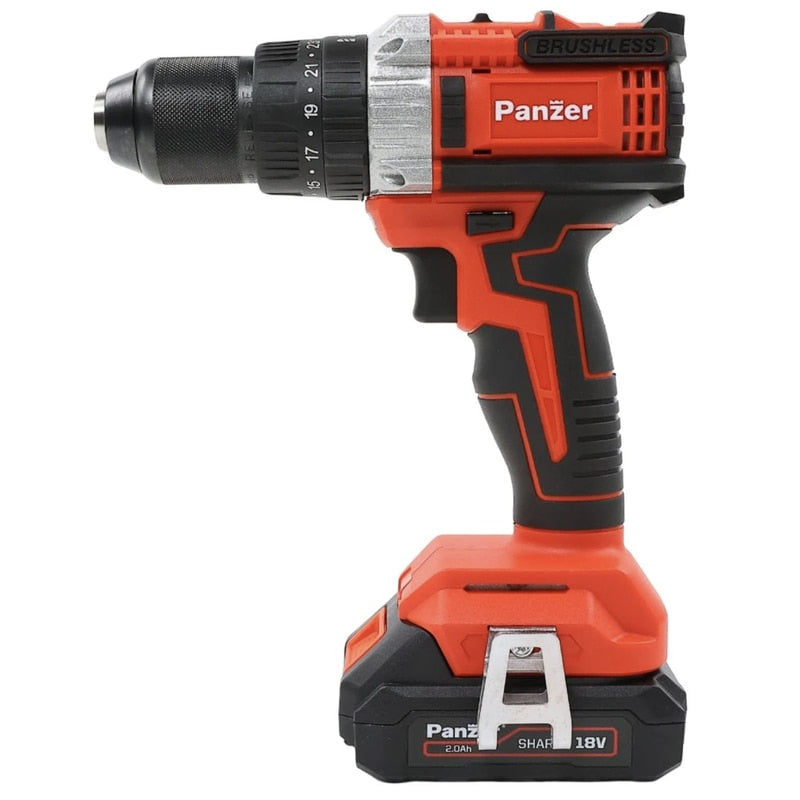 Masina de gaurit cu percutie, cu 1 acumulator 18 V, 2 Ah, Panzer, 1600 rpm, mandrina rapida, motor fara perii, cu valiza, 2 trepte de viteza, include 1 incarcator, 23 + 3 trepte ambreiaj