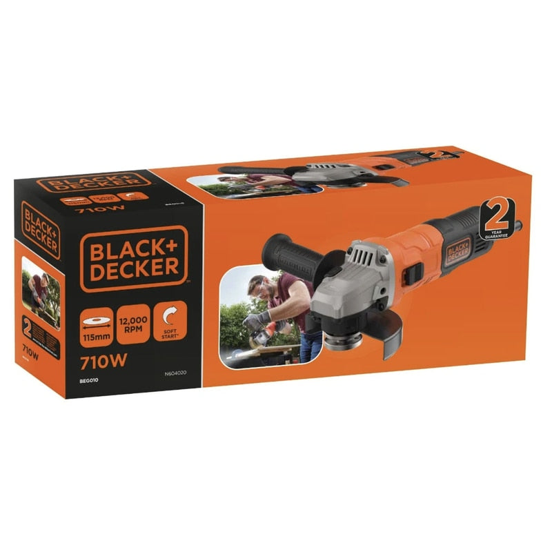 Polizor unghiular Black Decker, 710 W, 12000 rpm, pentru lucrari uzuale de bricolaj, usor de controlat, viteza mare, diametru disc 115 mm, 230V, 89dB, 1.7 kg, filet M14, Sistem de blocare, aparatoare