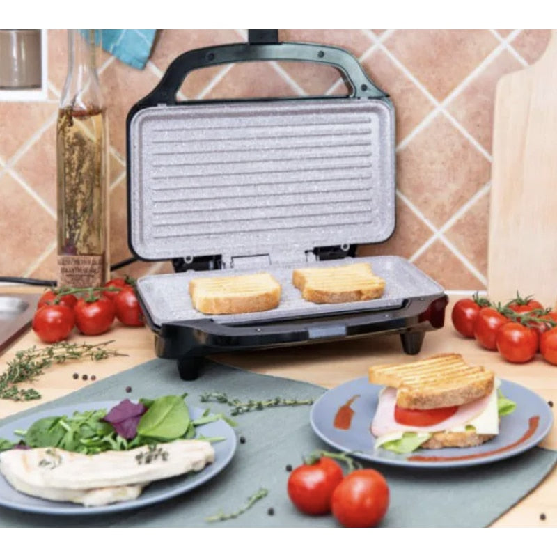 Sandwich maker, Rohnson, 900 W, 2 sandwich-uri, functie blocare, picioare antiderapante, maner izolat termic, carcasa din otel inoxidabil, protectie supraincalzire, argintiu, 1.73 kg, negru, cablu 1m