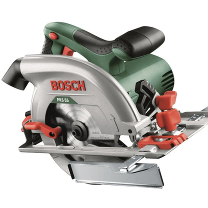 Fierastrau circular Bosch PKS, pentru taiere lemn, 1200 W, 5600 rpm, diametru panza 160mm, diametru alezaj 20 mm, 3.9 kg, protectie II, talpa 153 x 288 mm, 38 mm taiere la 45 grade, 55 mm la 90 grade