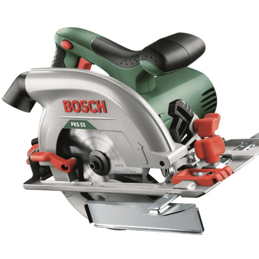 Fierastrau circular Bosch PKS, pentru taiere lemn, 1200 W, 5600 rpm, diametru panza 160mm, diametru alezaj 20 mm, 3.9 kg, protectie II, talpa 153 x 288 mm, 38 mm taiere la 45 grade, 55 mm la 90 grade