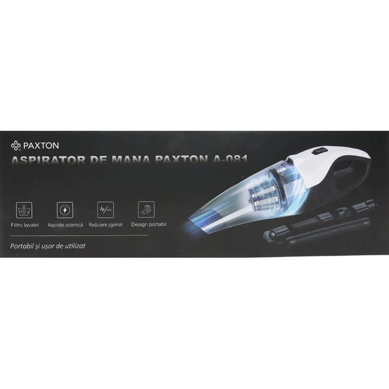 Aspirator de mana, Paxton, aspirare umeda si uscata, pentru uz casnic si auto, filtru HEPA, 0.45 l, acumulator, Li-ion 7.4 V 3600 mAh, lumina LED, 150 W, alb + negru, 0.58 kg, USBC, cablu masina