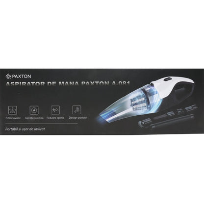 Aspirator de mana, Paxton, aspirare umeda si uscata, pentru uz casnic si auto, filtru HEPA, 0.45 l, acumulator, Li-ion 7.4 V 3600 mAh, lumina LED, 150 W, alb + negru, 0.58 kg, USBC, cablu masina