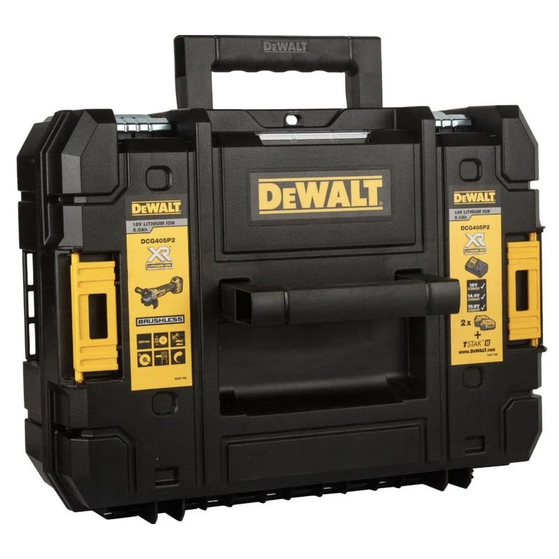 Set scule cu acumulator, DeWalt, masina de gaurit si insurubat 70Nm, mandarina rapida, 460W, 2000 rpm, cu polizor unghiular 9000 rpm, disc 125 mm, M14, cu 2 acumulatori, 18 V, 5 Ah, cu valiza