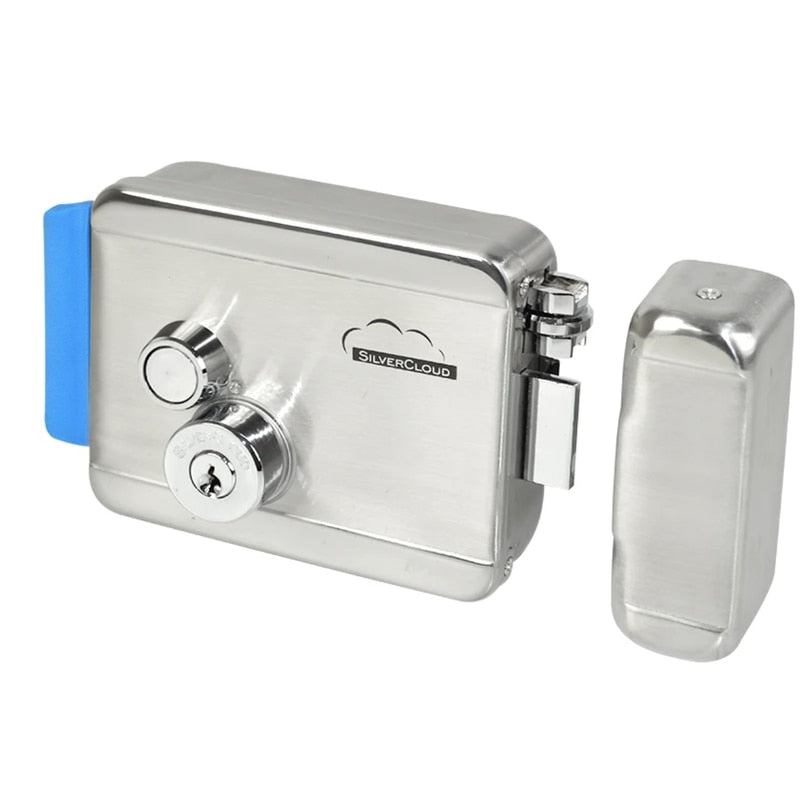 Yala electromagnetica SilverCloud, butuc dublu, aplicat, alama si nichel satinat, 12V, dimensiuni 12.5x9.8x3.9cm