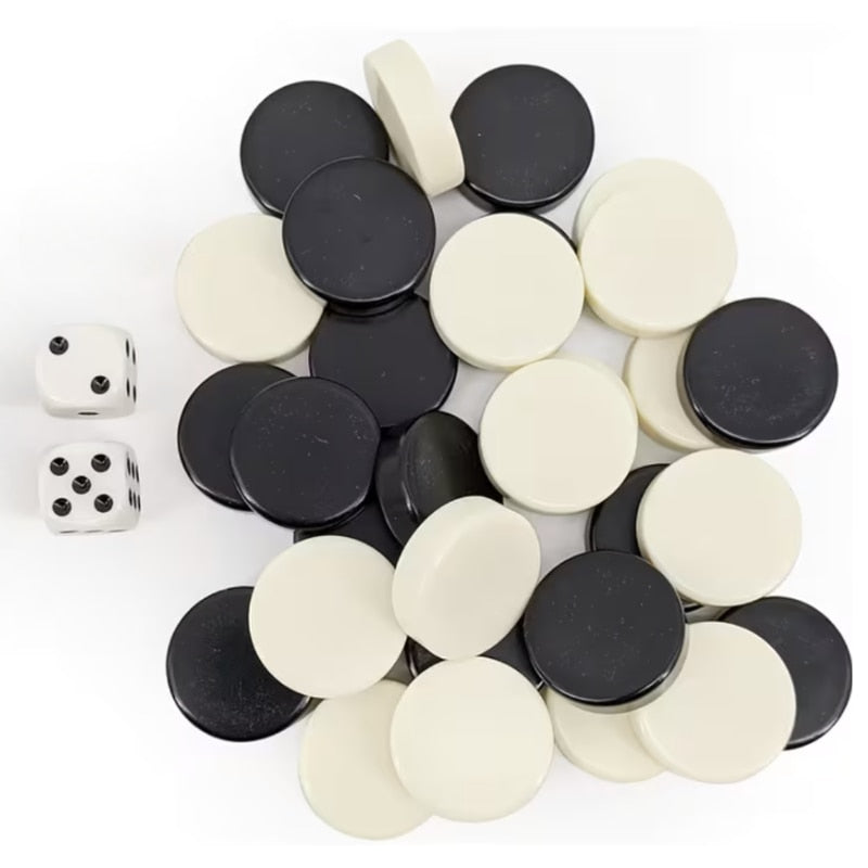 Set complet 30 piese, 2 zaruri mici, pentru table si dame, inlocuirea sau completarea jocurilor de backgammon si checkers, negru alb, durabilitate indelungata, din plastic, brand NETERRA