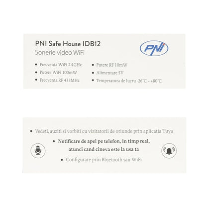 Sonerie video smart, inteligenta PNI, aplicatie telefon TUYA, viziune nocturna, sonerie de interior, usor de instalat, Wi-Fi, IP54, -26 grade pana la +80, exterior, alb