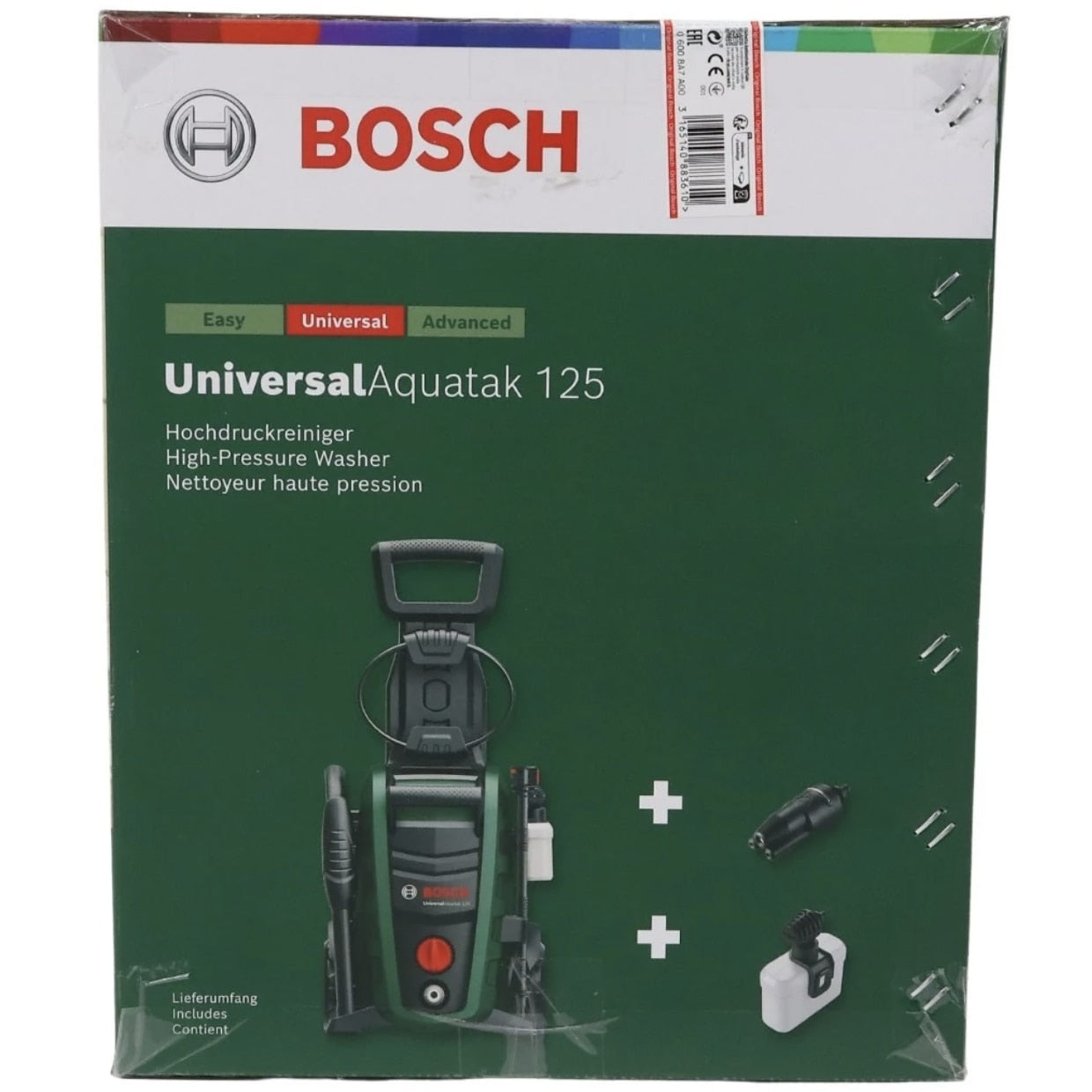 Aparat de spalat cu presiune, Bosch, 1500 W, 360 l/h, 125 bari, furtun 5 m + kit accesorii, duza 3 in 1 jet, indeparteaza murdaria persistenta pe terase, alei, masini, mobilier gradina, autoturisme