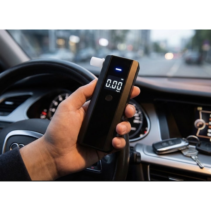 Etilotest portabil, tester alcoolemie, ecran, alarma sonora si luminoasa, alimentare 2 baterii AA, 125 x 45 x 19 mm, 73g
