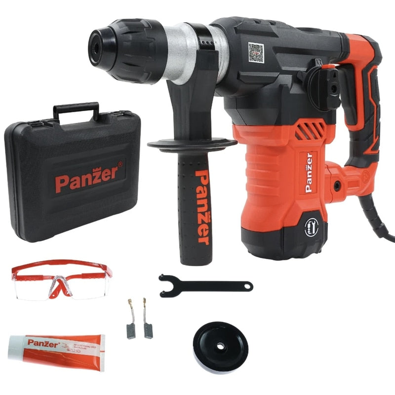 Ciocan rotopercutor Panzer, 1500 W, cu cablu, 920 rpm, SDS-plus, cu ochelari de protectie, 3.3 J, 230V, pentru otel, beton, lemn, 4250 percutii bpm, gaurire cu / fara percutie, daltuire, protectie II