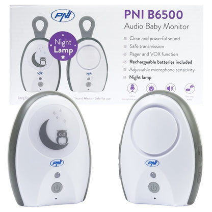 Audio baby monitor PNI, wireless, cu lampa de veghe, cu difuzor, functie VOX si Pager, sensibilitate microfon reglabila fara fir, include 6 baterii x AAA, din plastic, alb, receptor alimentare 230 V