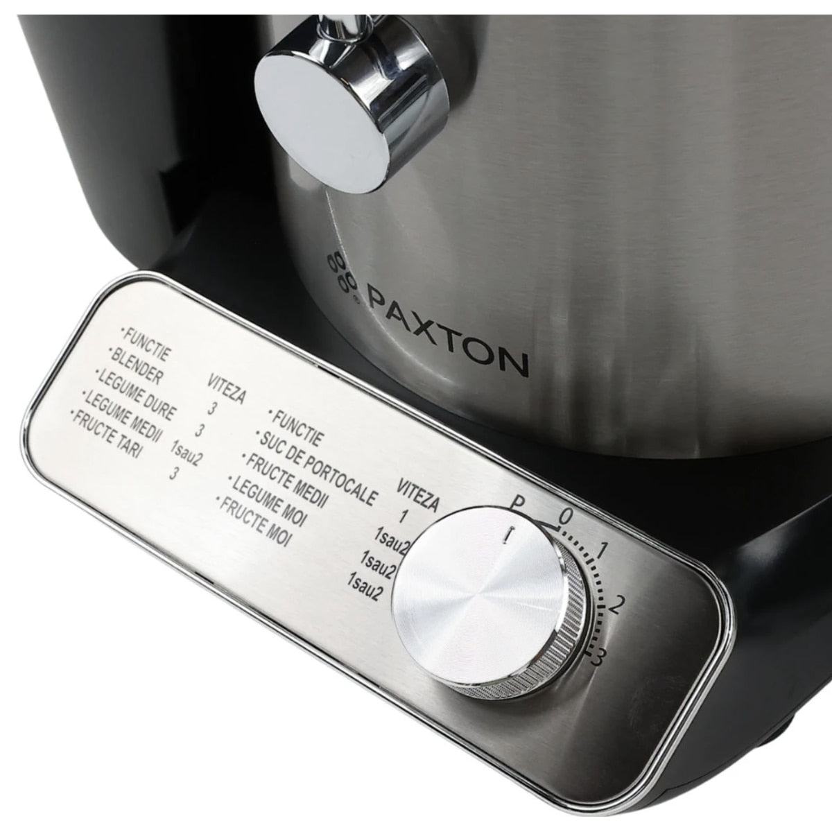 Storcator de fructe si legume, Paxton, 1000 W, 3 viteze, recipient pulpa 2 litri, recipient suc 1 litru, argintiu cu negru, otex inoxidabil, Element fixare capac, perie inclusa, 1 m, 230 V, 3.6 kg