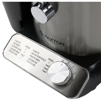 Storcator de fructe si legume, Paxton, 1000 W, 3 viteze, recipient pulpa 2 litri, recipient suc 1 litru, argintiu cu negru, otex inoxidabil, Element fixare capac, perie inclusa, 1 m, 230 V, 3.6 kg