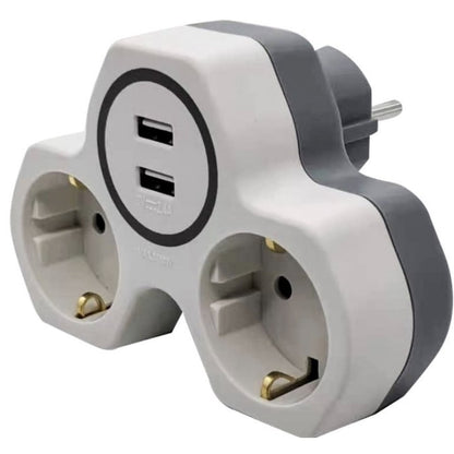 Adaptor 2 prize, 2 USB, protectie copii, 16A, orizontal, 230v, 0 m cablu, 3680 W max, port USB incarcare rapida 2.4 A, constructie simpla si fiabila, usor de utilizat