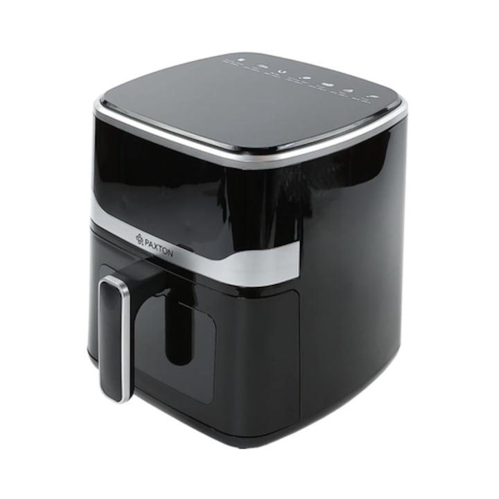 Friteuza cu aer cald, airfryer, Paxton, 1400 W, 5 litri, lumina interioara, timer, afisaj digital tactil, termostat reglabil, interval temperatura 80 la 200 grade, 7 programe, negru