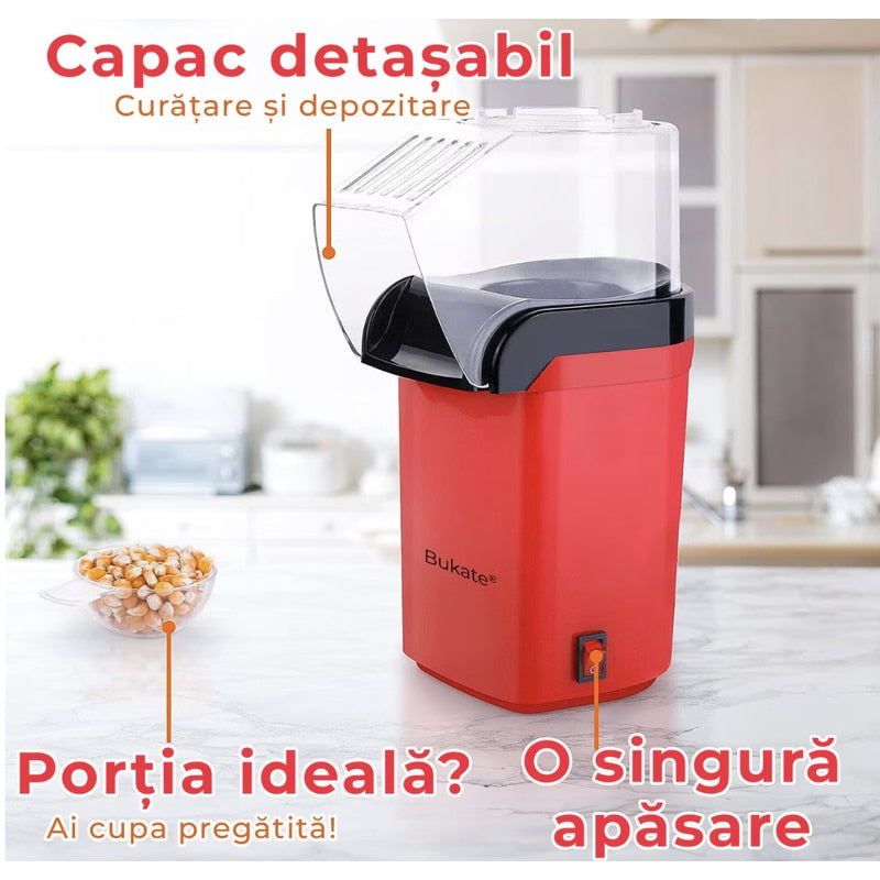 Aparat cu Aer Cald de facut Popcorn NETERRA, Gata in max. 3 min, prepararea rapida si sanatoasa, 1200W, Recipient dozator Boabe detasabil, cupa pus boabe, fara ulei, portabil, usor de depozitat, Rosu