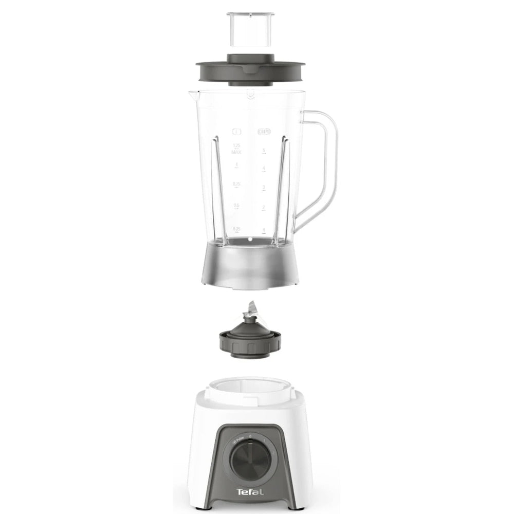 Blender Tefal, 450 W, 2 trepte viteza, 1.5 litri, viteza ajustabila, functie Pulse, antialunecare, bol gradat din plastic, functie zdrobire gheata, Smart Lock, alb, 1.51 kg, 230V, 1.8 m
