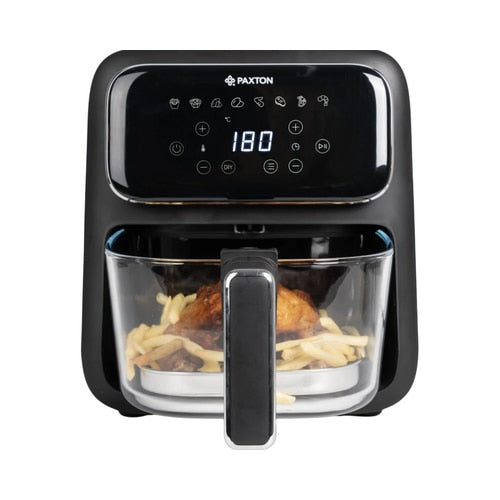 Friteuza cu aer cald, airfryer, Paxton, 1400 W, 4 litri, 8 programe, timer, afisaj digital tactil, termostat reglabil, interval temperatura de la 80 la 200 grade, negru, 5 kg, 1m