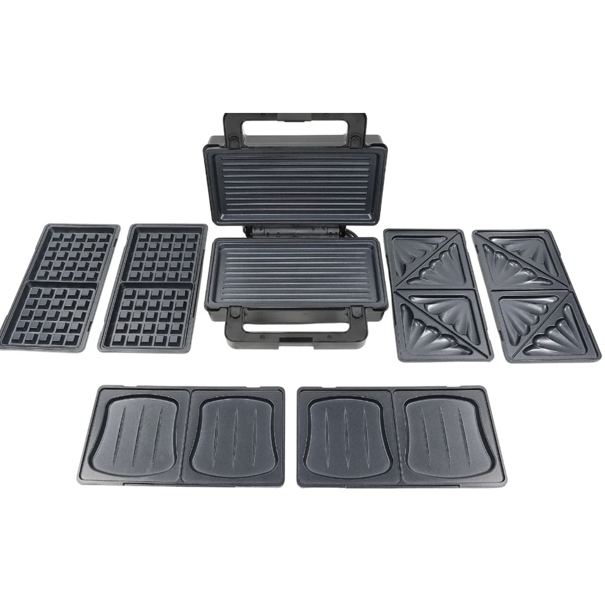 Sandwich maker, Paxton, 1000W, 4 in 1, grill, gofre, sandwich, indicatoare luminoase, carlig de inchidere, depozitare verticala, dimensiune placi de lucru, argintiu negru, antiaderent, 28.5 x 15.3 cm
