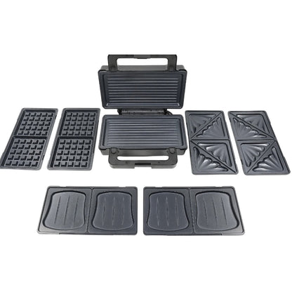 Sandwich maker, Paxton, 1000W, 4 in 1, grill, gofre, sandwich, indicatoare luminoase, carlig de inchidere, depozitare verticala, dimensiune placi de lucru, argintiu negru, antiaderent, 28.5 x 15.3 cm